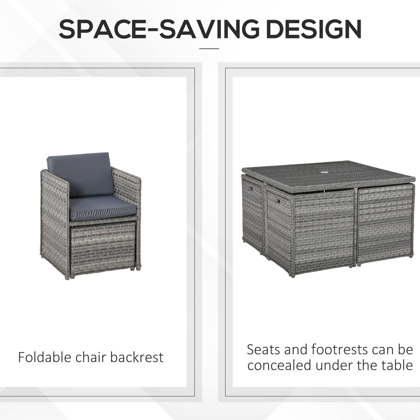 Outsunny 8 Seater Rattan Cube Garden Furniture Set with Parasol Hole, Rattan Dining Set with Cushions, Outdoor Dining Table and Chairs with Square Glass Top Table for Patio, Balcony, Mixed Grey