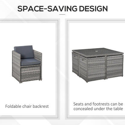 Outsunny 8 Seater Rattan Cube Garden Furniture Set with Parasol Hole, Rattan Dining Set with Cushions, Outdoor Dining Table and Chairs with Square Glass Top Table for Patio, Balcony, Mixed Grey