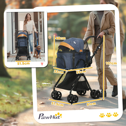 عربة أطفال PawHut Pet Stroller، حاملة كلاب 2 في 1 قابلة للطي مع 4 عجلات، مظلة قابلة للتعديل، مقود أمان، سلة تخزين للكلاب الصغيرة المصغرة، أزرق