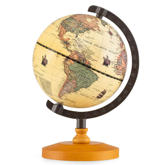Antique Globe Dia 14cm with Wooden Base and Modern Map-Bronze