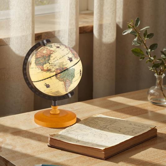Antique Globe Dia 14cm with Wooden Base and Modern Map-Bronze