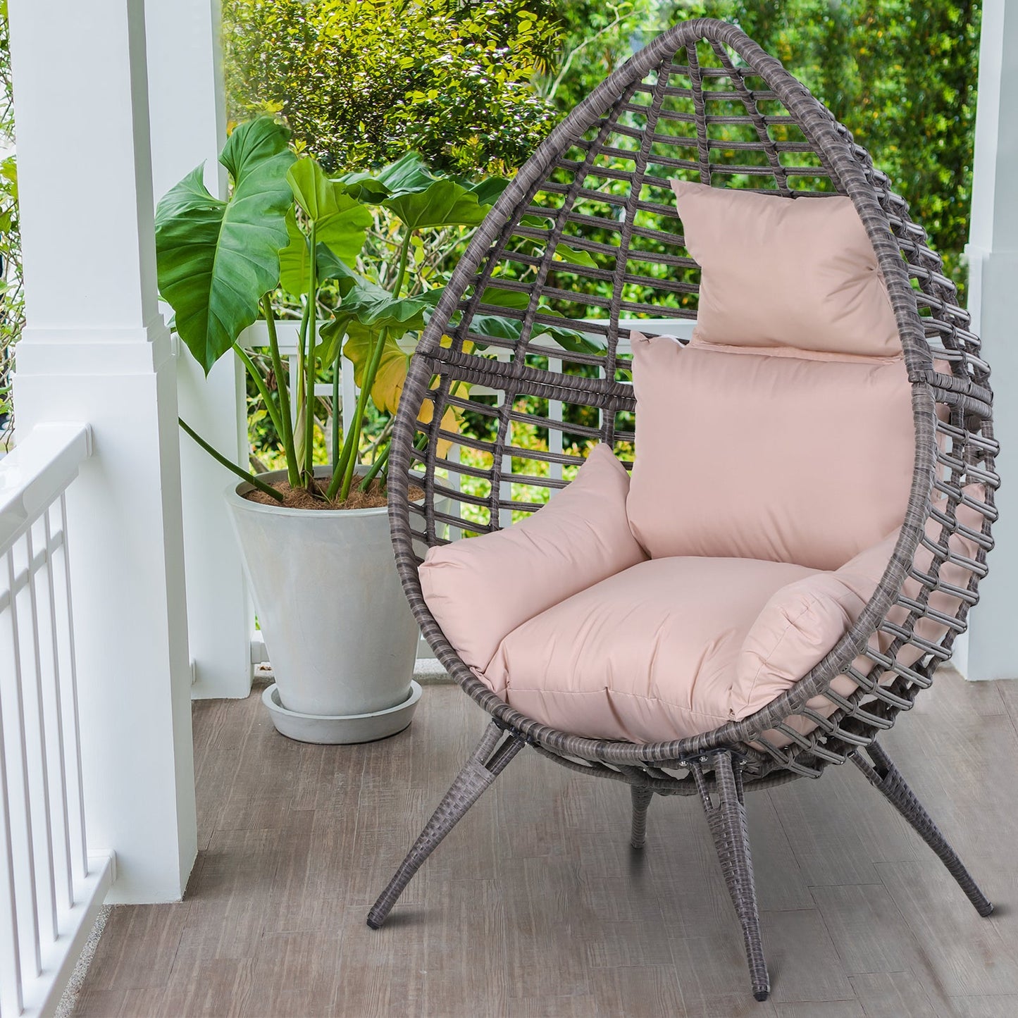 Outsunny Garden Egg Chair, łezkowaty zewnętrzny fotel rattanowy PE z miękką, wyściełaną poduszką na całej powierzchni, szary