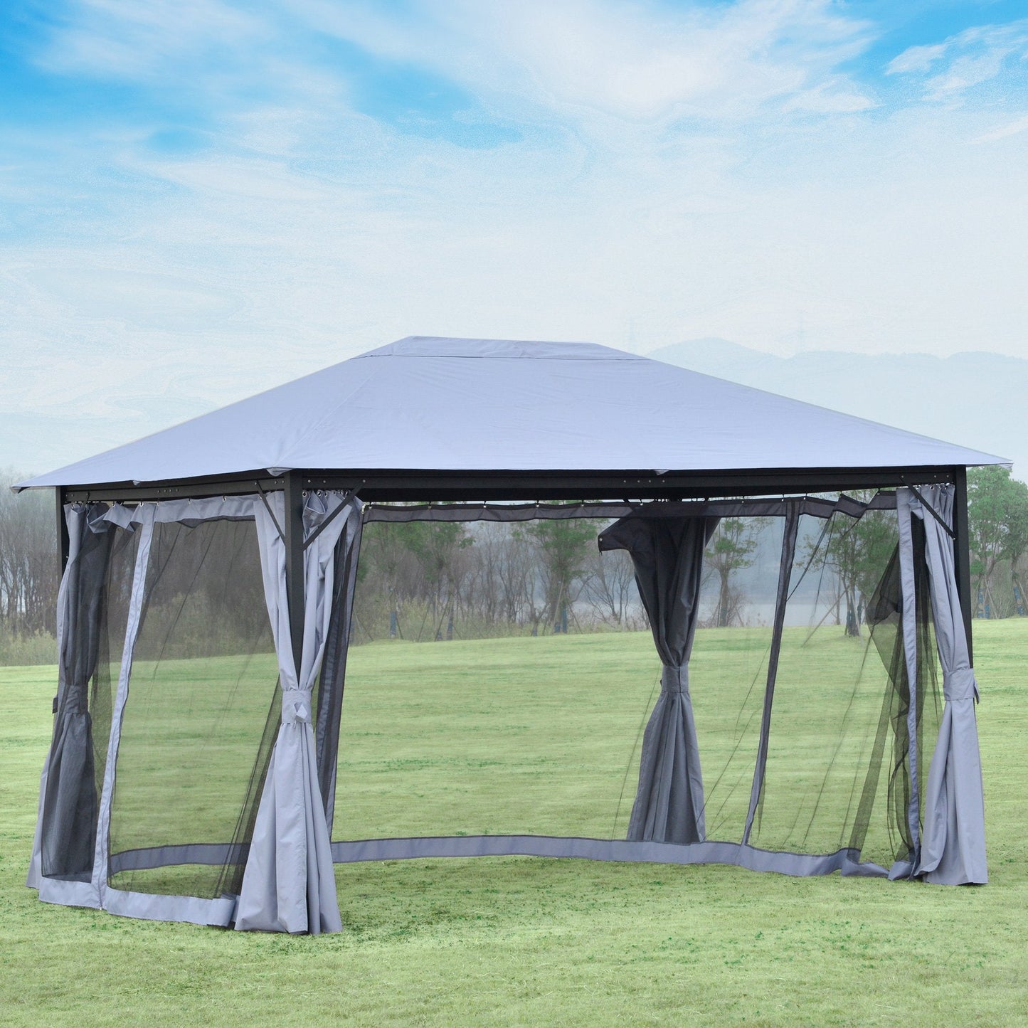 Outsunny 4 x 3(m) Outdoor Gazebo Canopy Party Tent Garden Pavilion Patio Shelter with Curtains, Netting Sidewalls, Grey