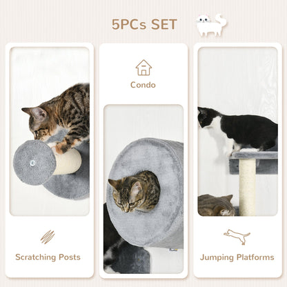 PawHut 5 Piece Cat Wall Furniture with Perch, Cat Condo, Scratching Post, Wall Mounted Cat Tree for Indoor Cats Use - Grey