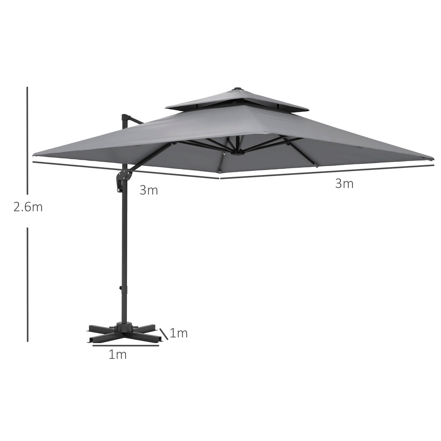 Outsunny 3 x 3(m) Cantilever Parasol with Aluminium Frame, Crank and Tilt, 360-Degree Rotation, Double Top Garden Umbrella with Cover (Only Cross Base), Light Grey