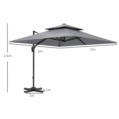 Outsunny 3 x 3(m) Cantilever Parasol with Aluminium Frame, Crank and Tilt, 360-Degree Rotation, Double Top Garden Umbrella with Cover (Only Cross Base), Light Grey