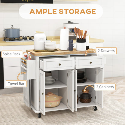 HOMCOM Rolling Kitchen Island Storage Trolley with Rubber Wood Top & Drawers for Dining Room, White