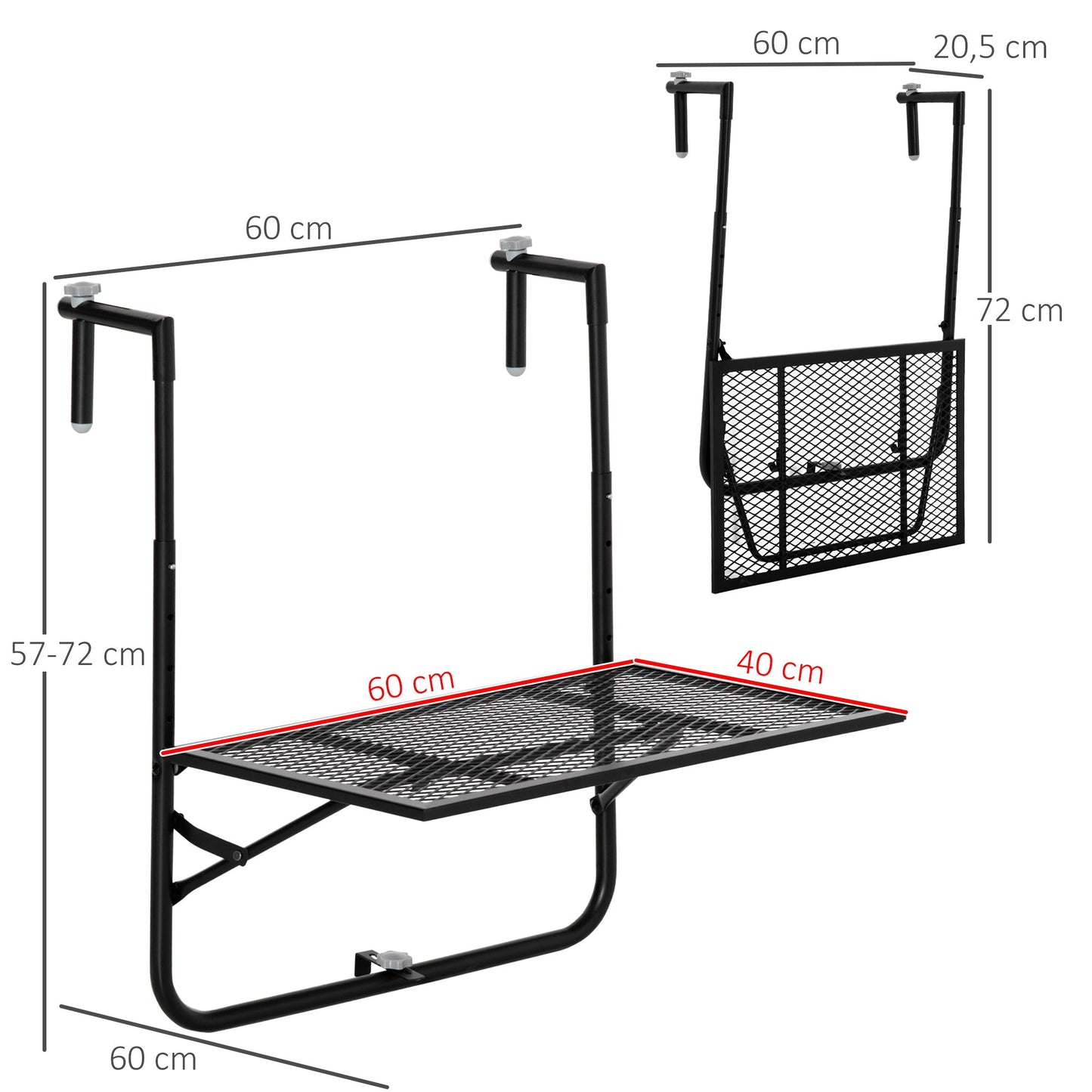 Outsunny Balcony Hanging Table, Metal Wall Mount Desk, Adjustable Folding Balcony Deck Table for Patio and Garden, Black