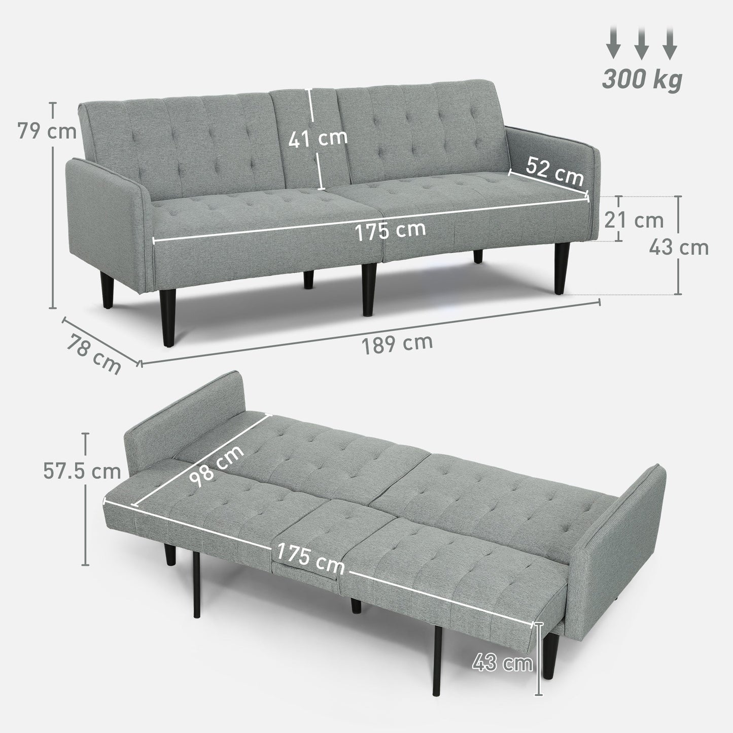 HOMCOM Three-Seater Sofa Bed, with Cupholders - Light Grey