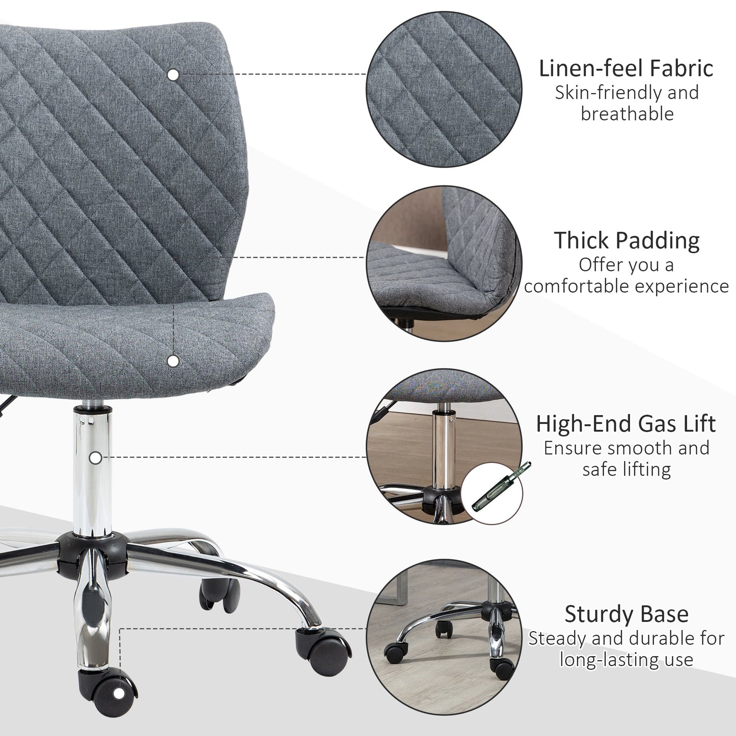 Vinsetto Mid Back Swivel Chair w/360° Swivel Height, thick sponge padded, Adjustable Home Office Linen Fabric Grey