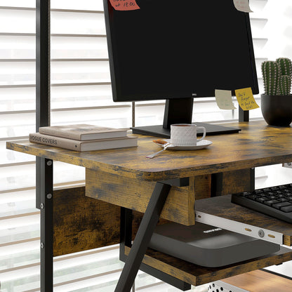 Retro Style Mobile Computer Desk with Keyboard Tray, Rolling Study Table with Storage Shelves and Wheels, Industrial Writing Desk for Home Office, 80 x 50 x 130cm, Rustic Brown