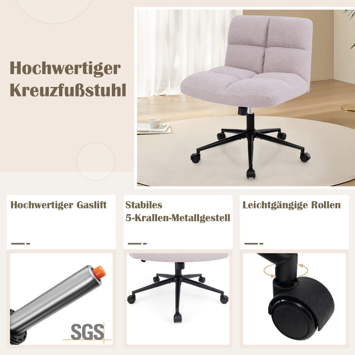 Modern Cross Legged Swivel Task Chair with Wheels-Grey