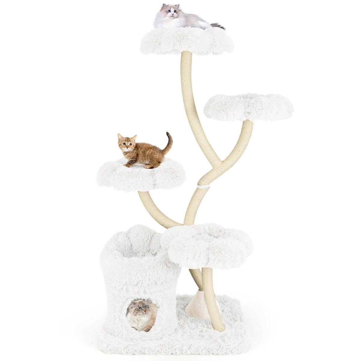 165cm Wooden Scratching Post with 4 Warm Lying Areas &amp; Cat Cave &amp; Sisal Posts Cat Tree White