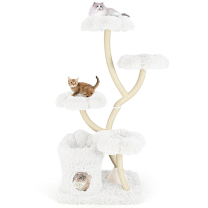 165cm Wooden Scratching Post with 4 Warm Lying Areas &amp; Cat Cave &amp; Sisal Posts Cat Tree White