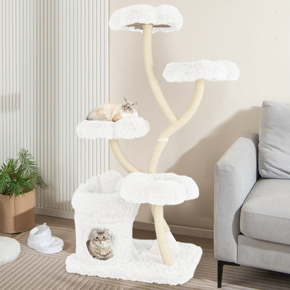 165cm Wooden Scratching Post with 4 Warm Lying Areas &amp; Cat Cave &amp; Sisal Posts Cat Tree White