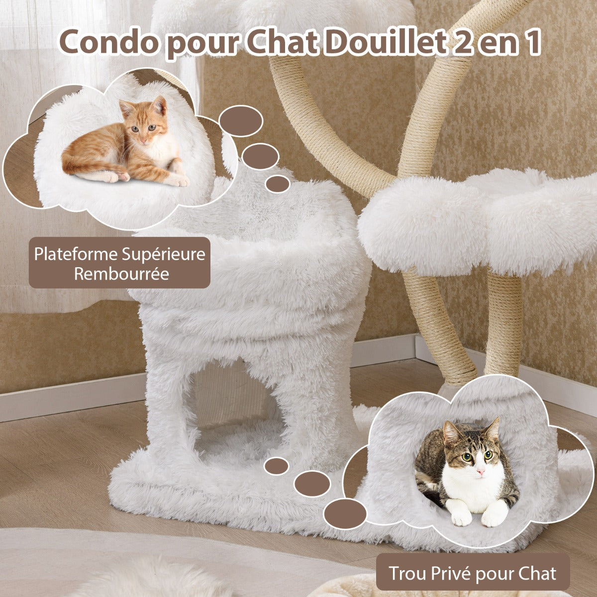 165cm Wooden Scratching Post with 4 Warm Lying Areas &amp; Cat Cave &amp; Sisal Posts Cat Tree White