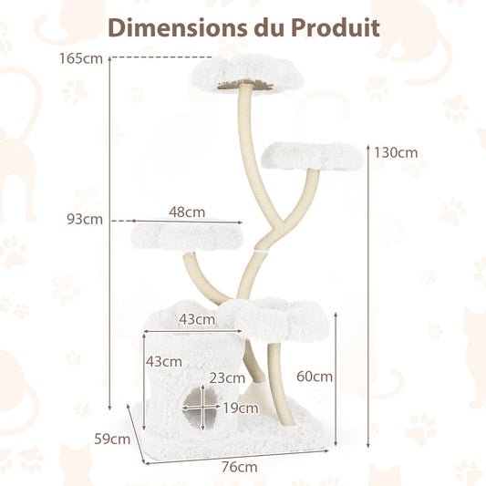 165cm Wooden Scratching Post with 4 Warm Lying Areas &amp; Cat Cave &amp; Sisal Posts Cat Tree White