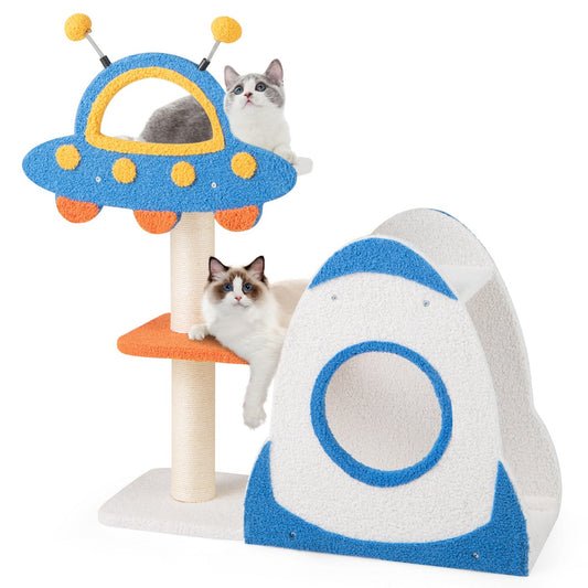 4-Level Cute Cat Tree Tower with UFO-Shaped Top Perch-Blue