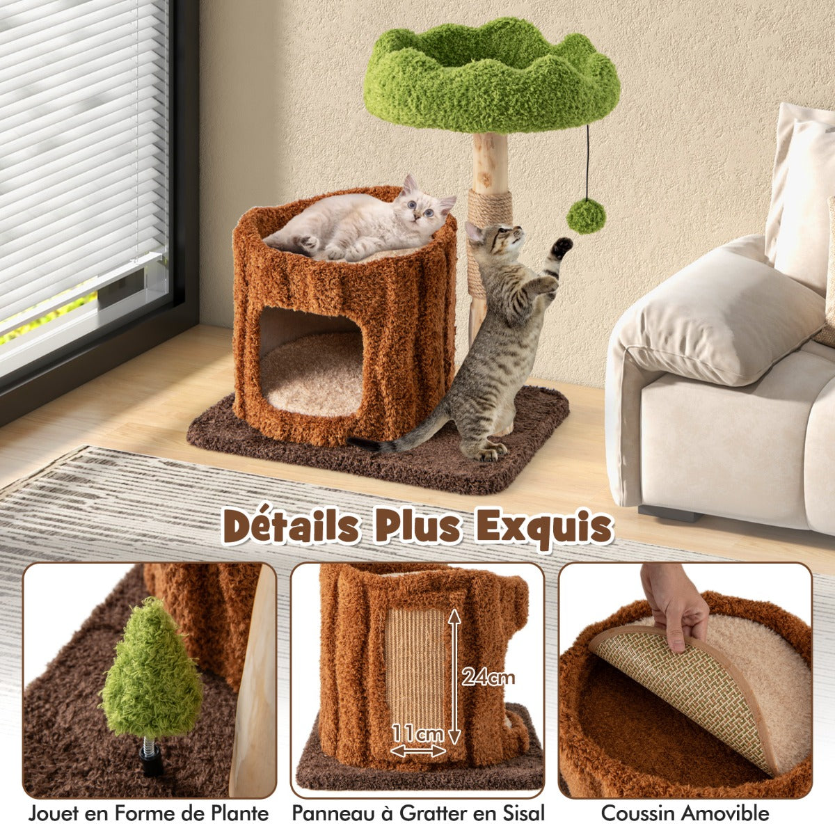 Multifunctional Cat Tree Modern Cat Tower with Sisal Covered Scratching Posts-Brown