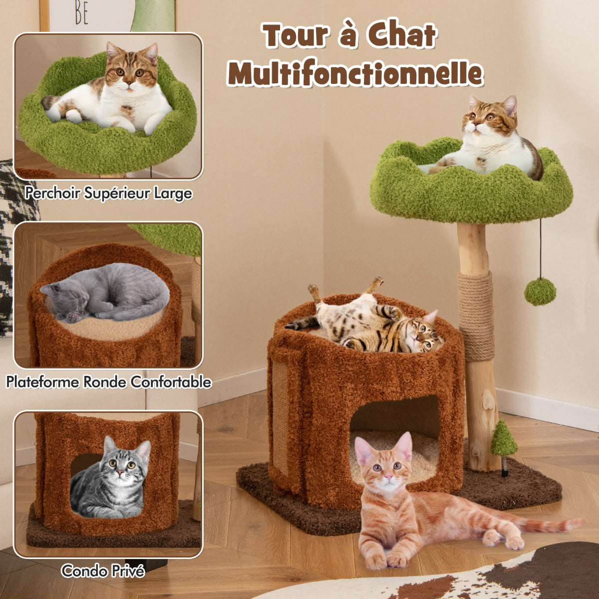 Multifunctional Cat Tree Modern Cat Tower with Sisal Covered Scratching Posts-Brown