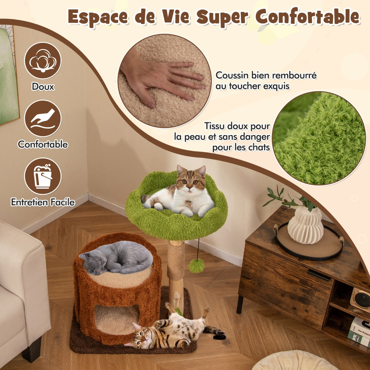 Multifunctional Cat Tree Modern Cat Tower with Sisal Covered Scratching Posts-Brown