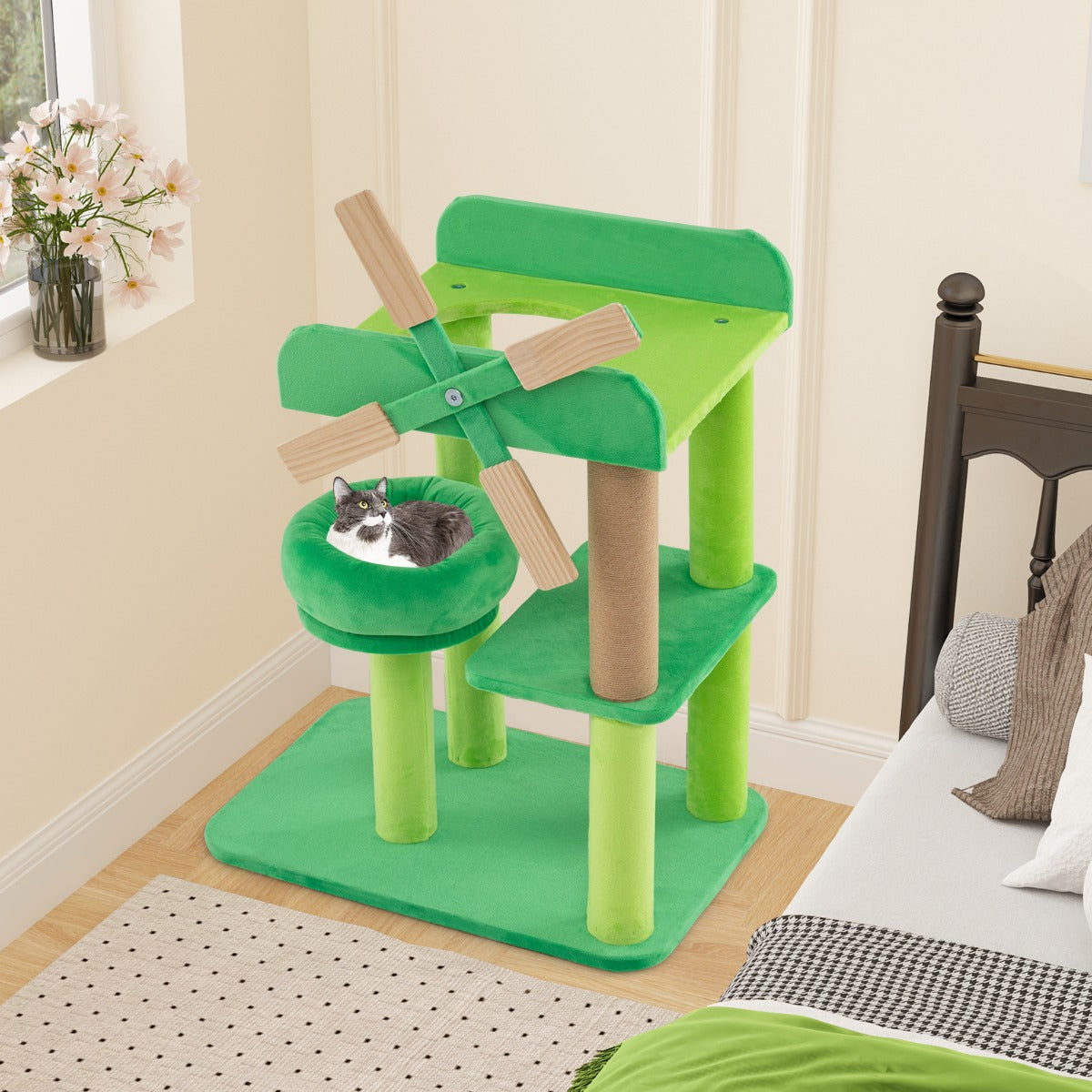 Small scratching post with lying area &amp; platforms &amp; scratching post cat tree in windmill shape
