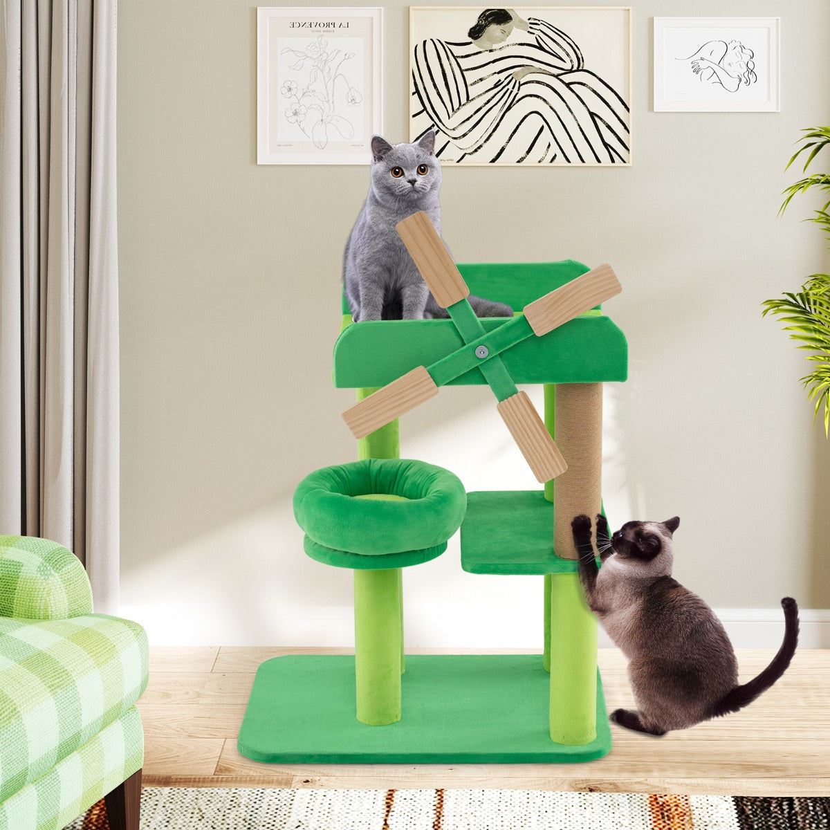 Small scratching post with lying area &amp; platforms &amp; scratching post cat tree in windmill shape