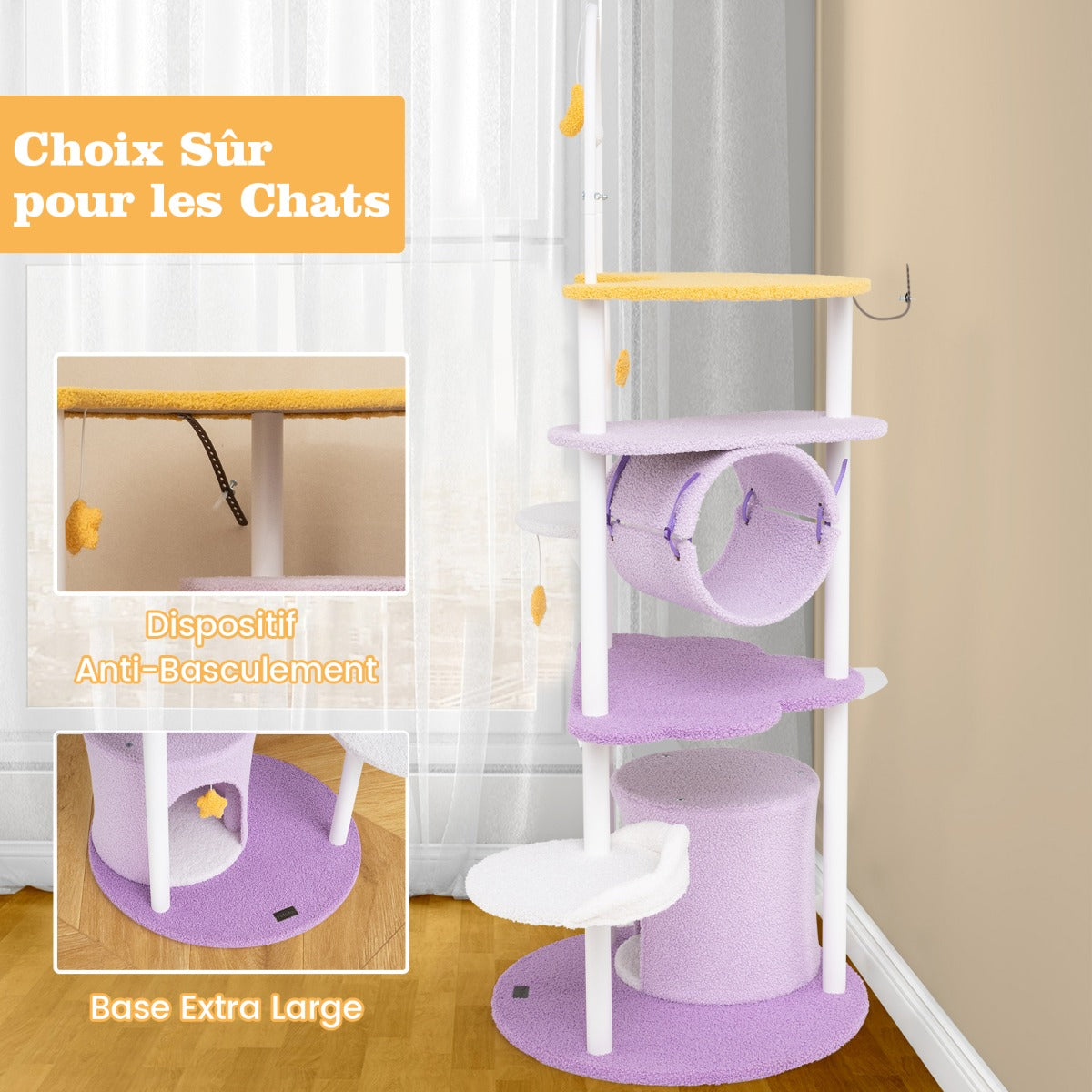 62 Inches Large Cat Tower with Metal Frame and Jumping Platforms-Purple