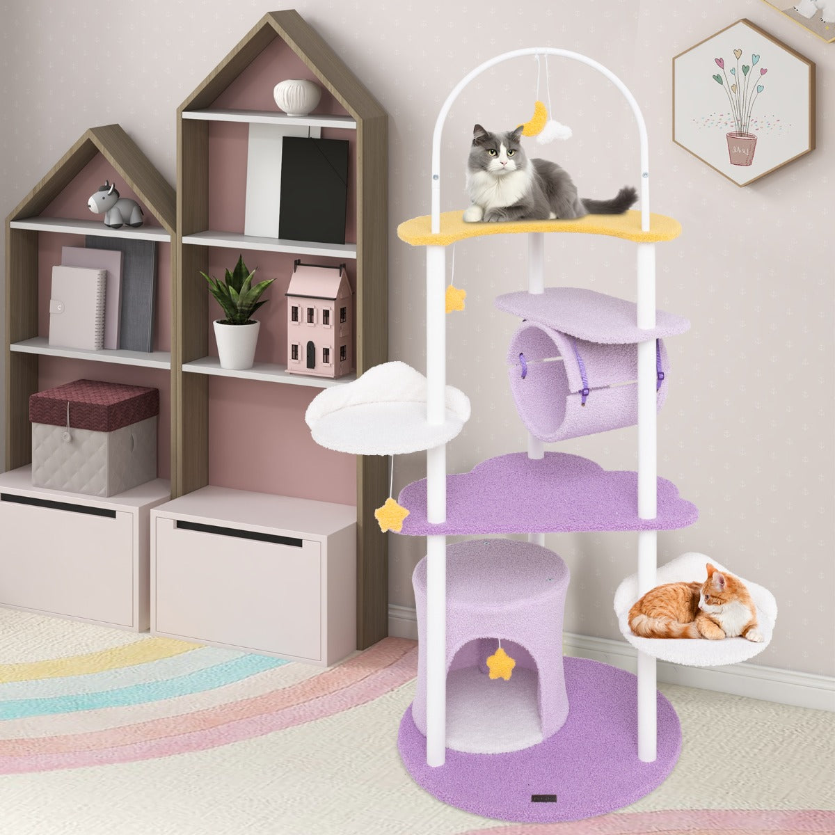 62 Inches Large Cat Tower with Metal Frame and Jumping Platforms-Purple