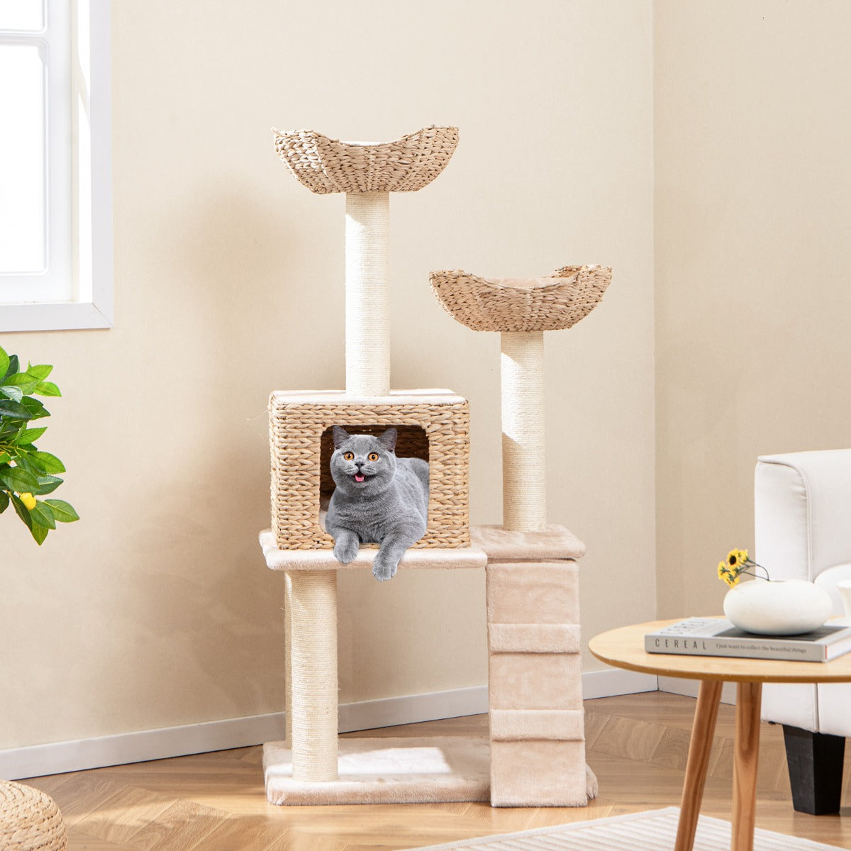 122cm Cattail Cat Tower with Sisal Scratching Posts Perch Condo-Beige