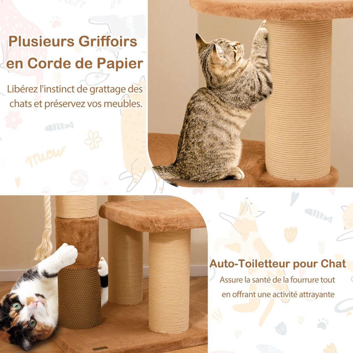 166 cm Tall Cat Tree with Self-groomer and Removable Cat Bed-Coffee