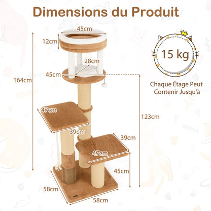 166 cm Tall Cat Tree with Self-groomer and Removable Cat Bed-Coffee