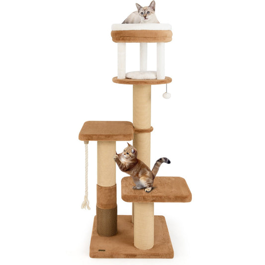 166 cm Tall Cat Tree with Self-groomer and Removable Cat Bed-Coffee
