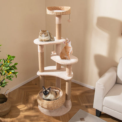 164cm Cattail Cat Tower with Jute Scratching Posts-Beige