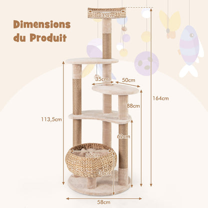 164cm Cattail Cat Tower with Jute Scratching Posts-Beige