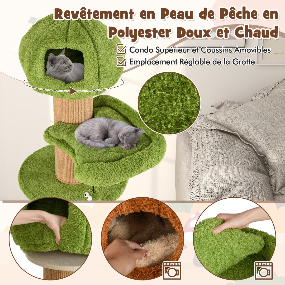 148 CM Mushroom Cat Tree with 2 Cute Condos for Indoor Cats-Green