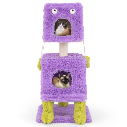 Cute Monster-Themed Cat Tower with 2 Private Condos and Soft Long Plush-Purple