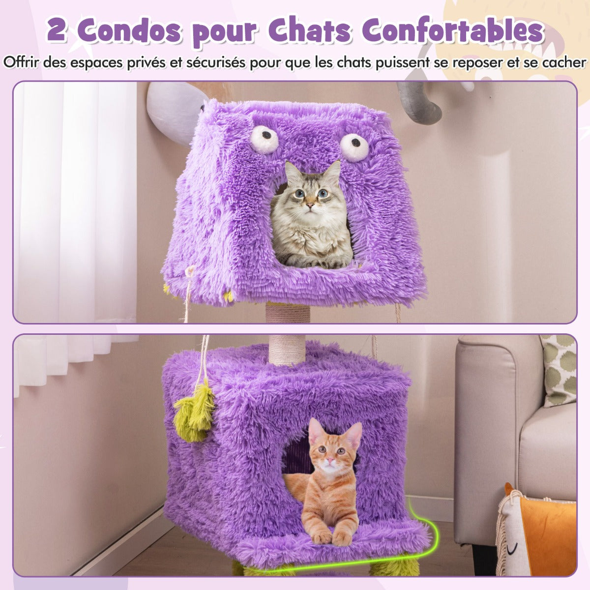 Cute Monster-Themed Cat Tower with 2 Private Condos and Soft Long Plush-Purple