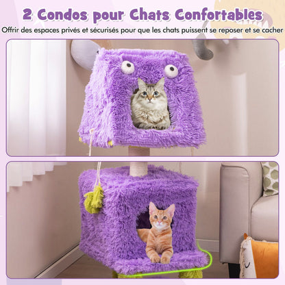 Cute Monster-Themed Cat Tower with 2 Private Condos and Soft Long Plush-Purple