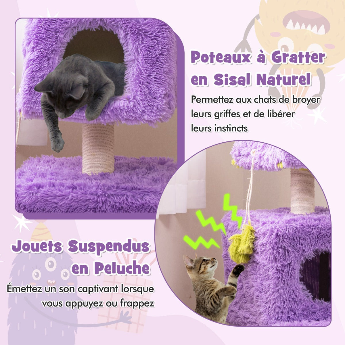 Cute Monster-Themed Cat Tower with 2 Private Condos and Soft Long Plush-Purple