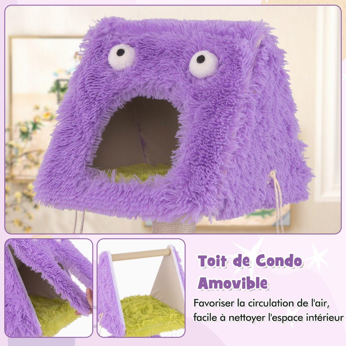 Cute Monster-Themed Cat Tower with 2 Private Condos and Soft Long Plush-Purple