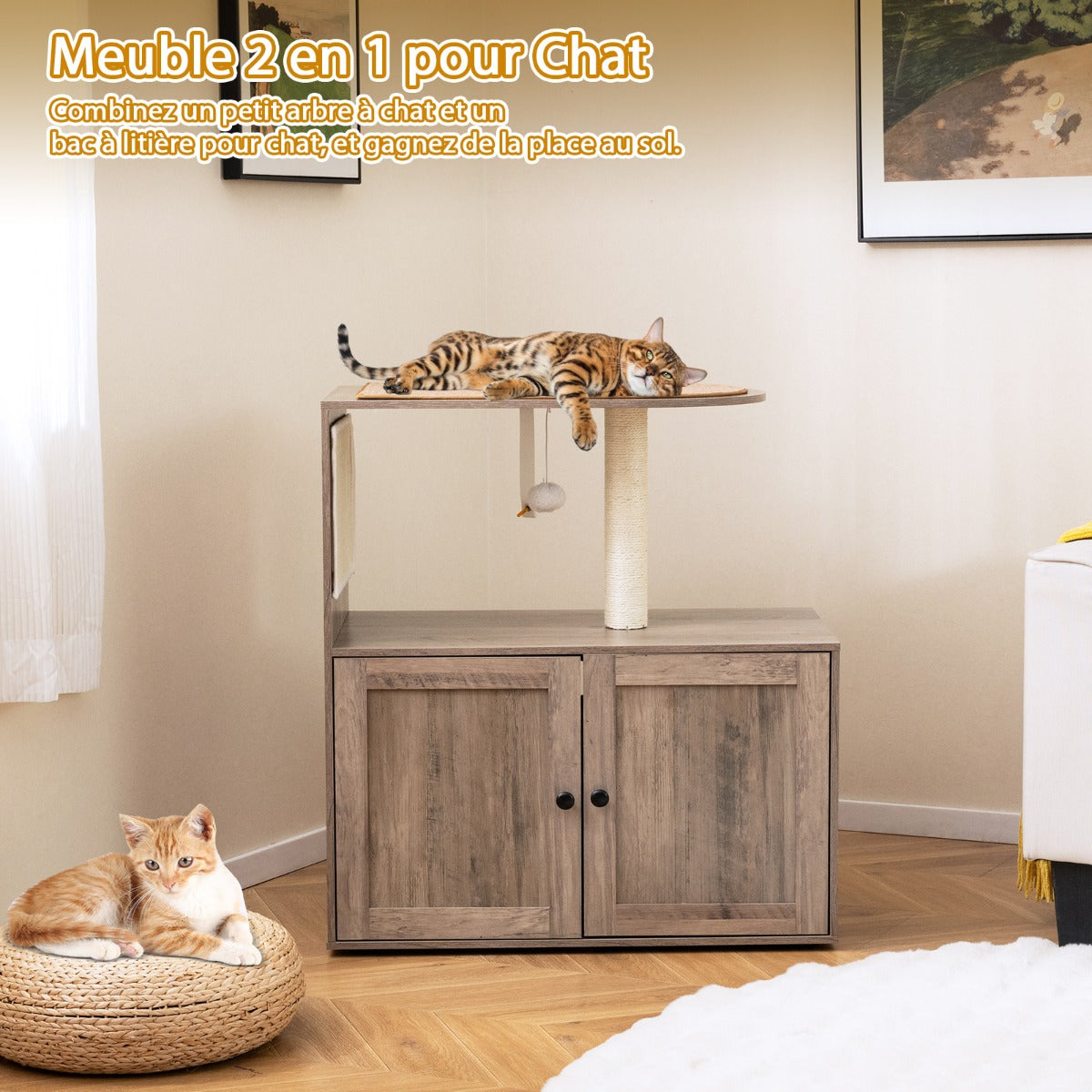 88 cm Tall Wooden Cat Tower with Sisal Scratching Post and Mat Dangling Ball and Top Perch-Grey