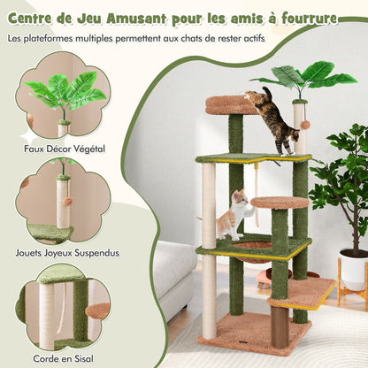 152cm Cute Cat Tree with Sisal Scratching Posts and Rope, Plush Perch-Green