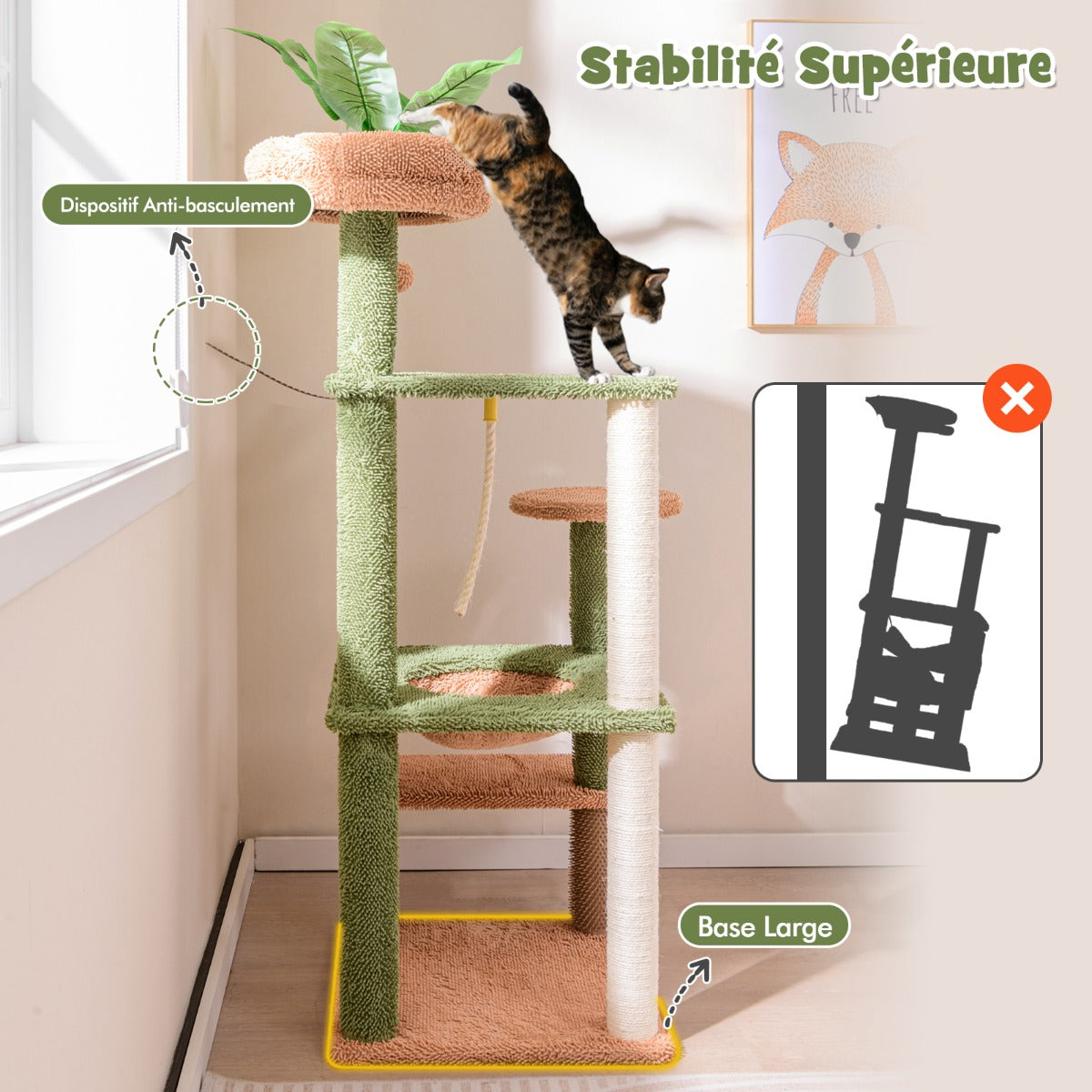 152cm Cute Cat Tree with Sisal Scratching Posts and Rope, Plush Perch-Green