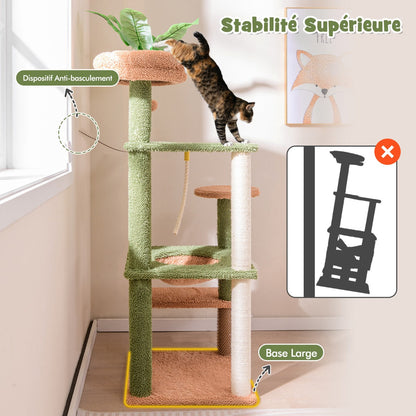 152cm Cute Cat Tree with Sisal Scratching Posts and Rope, Plush Perch-Green