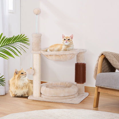 Small scratching post cat tree with hammock &amp; bed &amp; sisal posts &amp; cat brush beige 40 x 30 x 72 cm