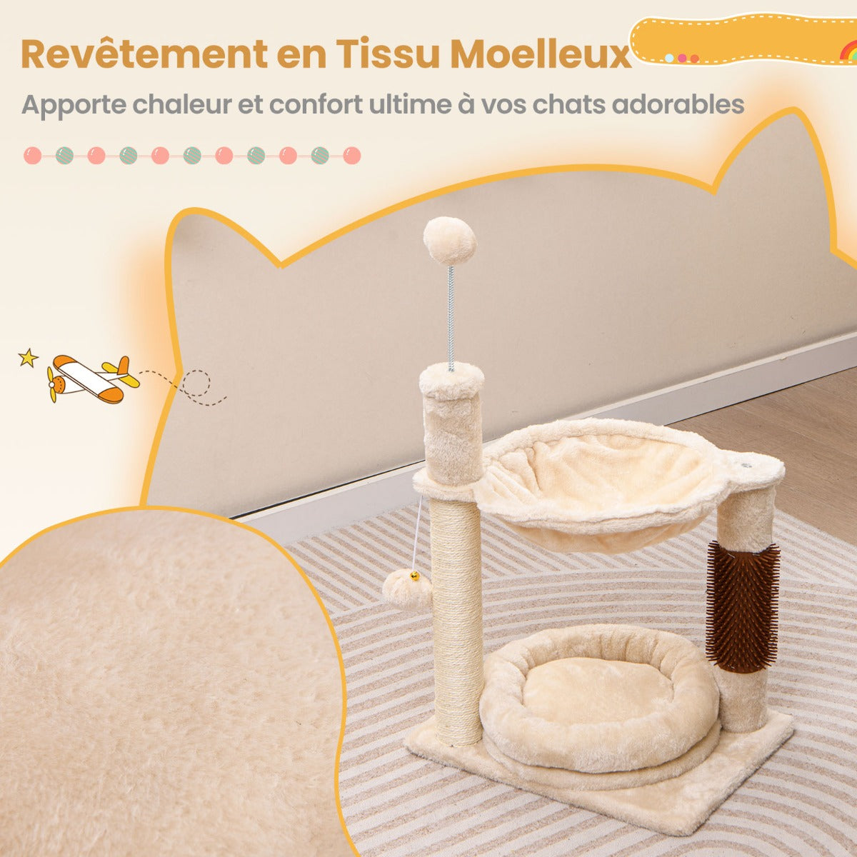 Small scratching post cat tree with hammock &amp; bed &amp; sisal posts &amp; cat brush beige 40 x 30 x 72 cm