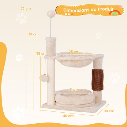 Small scratching post cat tree with hammock &amp; bed &amp; sisal posts &amp; cat brush beige 40 x 30 x 72 cm