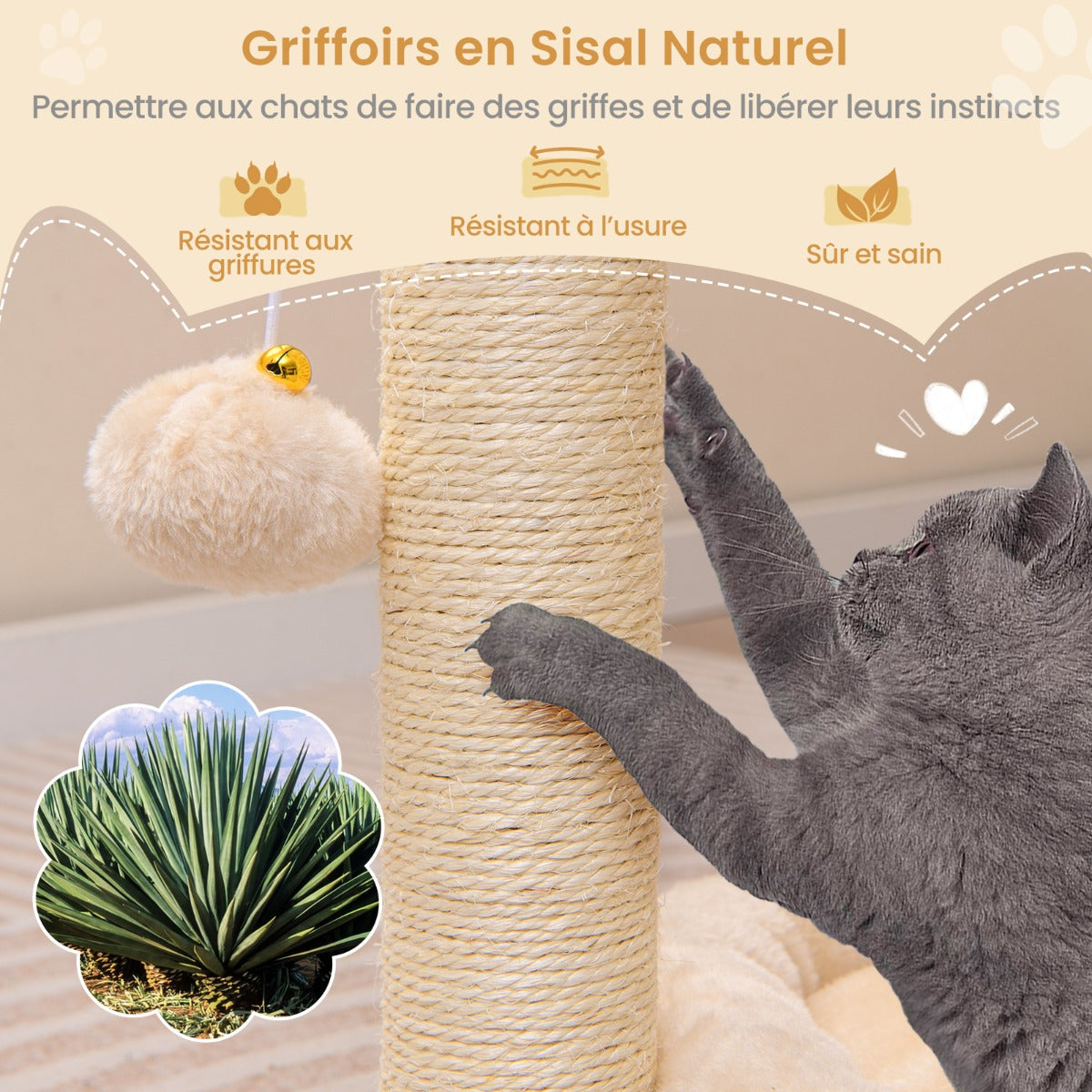 Small scratching post cat tree with hammock &amp; bed &amp; sisal posts &amp; cat brush beige 40 x 30 x 72 cm