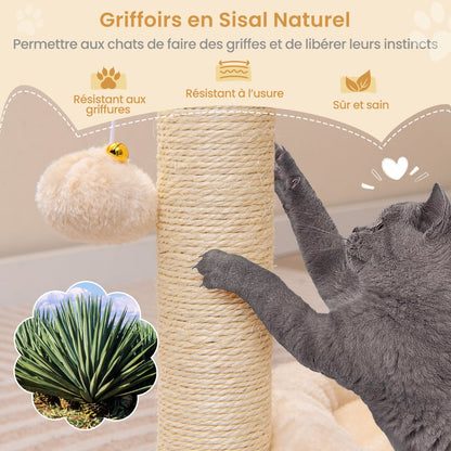 Small scratching post cat tree with hammock &amp; bed &amp; sisal posts &amp; cat brush beige 40 x 30 x 72 cm